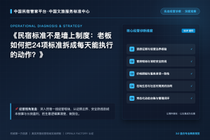 图片展示了一幅中国古风民宿商业大片的场景,背景是水墨山水画,前景有古建筑、卷轴等元素。上方文字为“中国古风民宿商业大片”,下方文字是“民宿金融服务生态:团体标准赋能投融资与保险创新”。该图片位于文档开头部分,与文档主…
小菌主金牌管家标准落地:教材撰写启动,锁定人才溢价
【引言:从“体力消耗”到“专业交付”的价值重构】 站在2026年春节长假收官的复盘时刻,云南民宿业在交出高满意度答卷的同时,也暴露了一个深层次的经营痛点:高满意度往往是建立在从业者“透支体力、全员上阵”的原始服务模式之…
第9篇_民宿服务质量标准到底评什么?从入住到离店都有答案
民宿服务质量标准到底评什么?从入住到离店都有答案 新闻背景 拆解民宿服务质量标准的核心维度,包括预订沟通、接待流程、入住指引、客房服务、问题响应、离店反馈等。 民宿服务,是民宿体验的灵魂。 再好的位置、再美的装修…
民宿服务质量标准到底评什么?从入住到离店都有答案
![图片展示了云南民宿的多个场景。左上角是具有传统建筑风格的民宿建筑,绿树环绕,天空湛蓝。右上角是室内卧室,有大床、木质家具、绿植和窗外山景。右下角是室内客厅,有沙发、茶几、木质家具和窗外山景。左下角是工作人员在填写表格…
从试睡员到评审员:体验官的职业进阶路径
![图片以中国风的水墨画为背景,描绘了古建筑和人物对弈的场景。画面中央有大字标题“从试睡员到评审员:体验官的职业进阶路径”。图片与文档中介绍试睡员职业发展路径的内容相契合,直观呈现了试睡员职业进阶的主题,营造出一种专业而…
品牌服务案例规范样稿:如何记录背景、动作、证据与结果
案例回答什么 客户遇到什么问题、项目边界是什么、团队做了什么、哪些结果有证据、哪些还不能确认。案例规范把问题写成可追溯记录,而不是无法复核的宣传。 六段式结构 背景、目标、动作、证据、结果、限制六段依次展开。目标写…
2024年民宿管家职业技能培训班
招生简章 培训对象 #### 1. 民宿主理人、投资人及管理层 民宿主理人、民宿投资人:已有民宿项目或计划投资民宿项目的人群,想要学习民宿从筹备到运营的全面知识,提升盈利能力,掌握最新的运营与营销技巧。 …
民宿管家职业技能提升班
2024年民宿管家职业技能提升班 招生简章 培训对象 1.民宿主理人、投资人及管理层 民宿主理人、民宿投资人:已有民宿项目或计划投资民宿项目的人群,想要学习民宿从筹备到运营的全面知识,提升盈利能力,掌握最新的运营…
自媒体达人如何借力民宿团体标准打造个人IP
在移动互联网时代,内容创业已经成为最具活力的创业形态之一。民宿行业作为一个充满故事和体验的领域,历来是内容创作者的关注焦点。然而,随着入局者增多,民宿内容赛道竞争日趋激烈,如何在众多创作者中脱颖而出,建立持久的个人影响力…
内容共创计划:自媒体与民宿团体标准的双向赋能
互联网的发展已经深刻改变了内容生产的方式,从传统的专业化、中心化生产,逐步向协作化、分布式生产演进。在这一演进过程中,共创已经成为内容产业最重要的生产模式之一。多个主体围绕同一主题贡献各自的专业能力和资源优势,产出超越单…
栏目说明与使用指引
STANDARD PRACTICE
服务标准
服务标准页把民宿服务的真实场景整理为可理解、可引用、可修订的资料。每份资料应说明来源、适用对象、版本和公开状态。
THREE LAYERS
先分层,再使用
标准不是一个模糊的权威词。国家职业标准、团体标准和研制/服务工具必须在页面上清楚区分。
国家职业标准解读
说明职业活动和能力要求,标明发布部门与版本。
团体标准与实践
用于具体服务场景,按真实标准号、发布主体和实施状态呈现。
研制与服务工具
适用于共建、征求意见与实践,不代表正式发布结论。
SERVICE SCENES
从服务场景建立资料索引
先让使用者看懂服务发生在哪里,再决定用什么资料和流程。
抵达与入住
路线提醒、信息确认、空间说明和需求记录。
房务与安全
清洁、设施巡检、用品、风险提示与异常上报。
在地与客诉
可靠推荐、问题响应、升级协同与复盘更新。
![